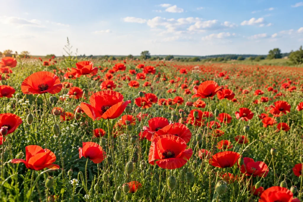 Red poppy flowers blooming in an open field