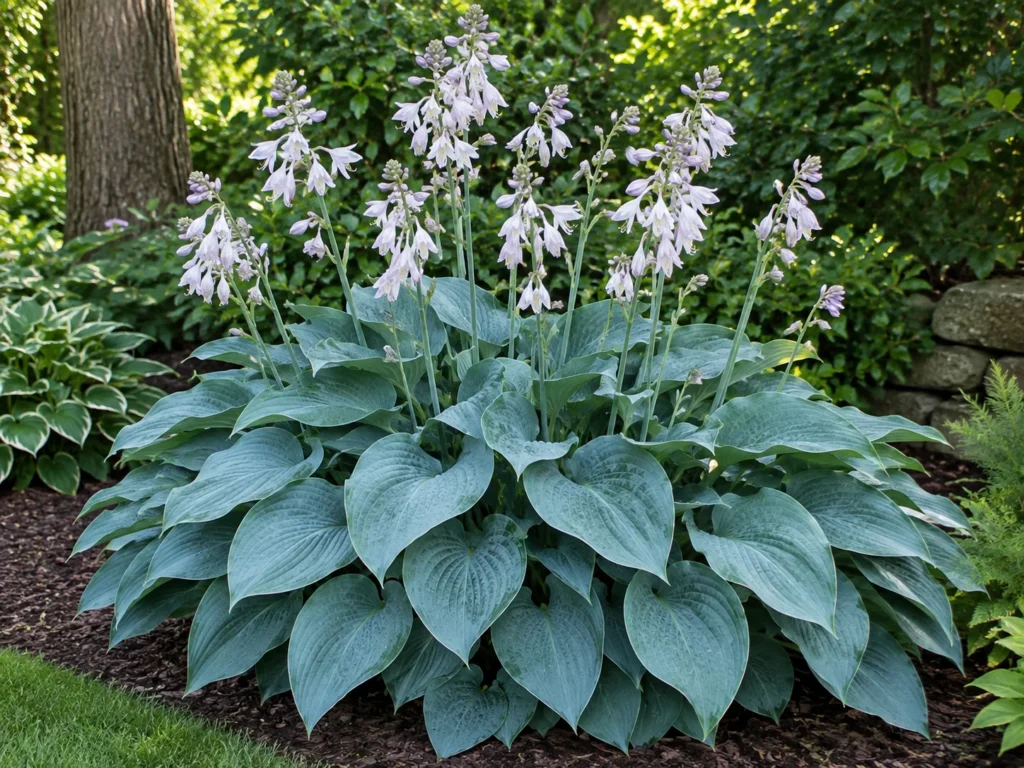 Pale lavender and white flower stalks blooming above Hosta 'Blue Angel' foliage in midsummer