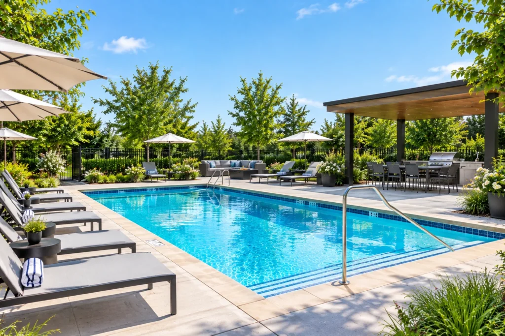 Pool and courtyard at The Elms Apartments in Sacramento, CA