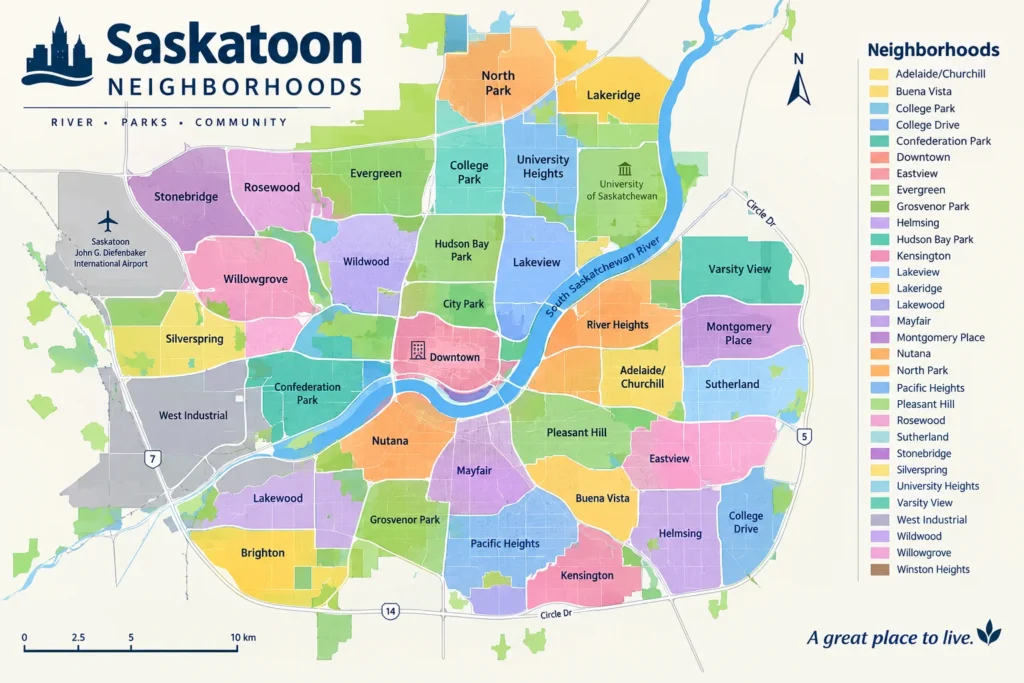 Map of popular Saskatoon condo neighborhoods including Stonebridge, Nutana, and downtown