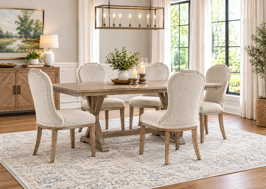 Jorlaina dining table and chair set arranged in a transitional-style dining room