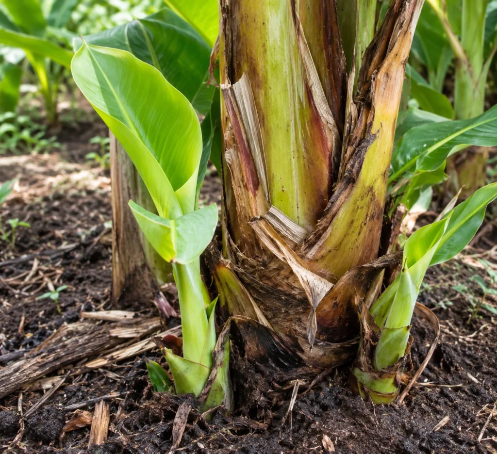New sucker shoots emerging at the base of a banana plant