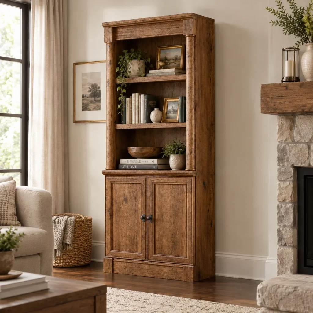 Manahan storage bookcase styled with books and decor in a living room