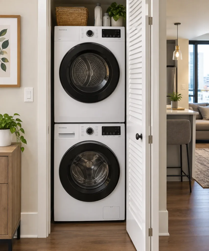 Stacked ventless washer and dryer in a U.S. condo laundry space