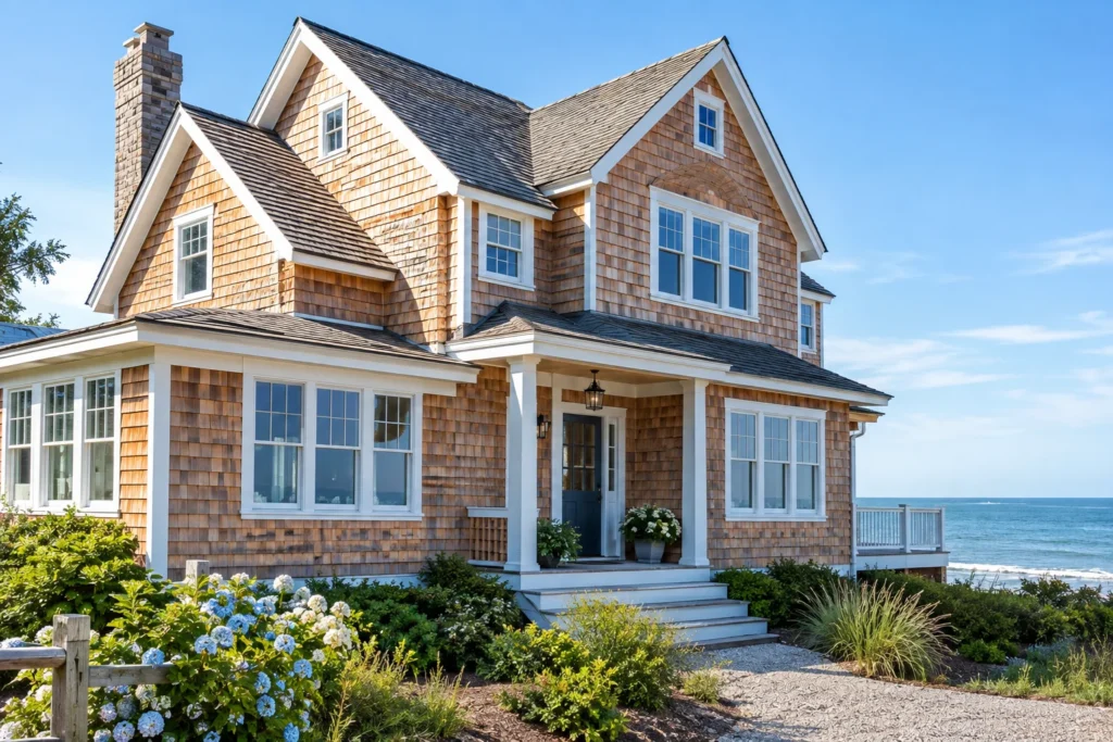 Cedar shake shingle siding on a coastal-style home