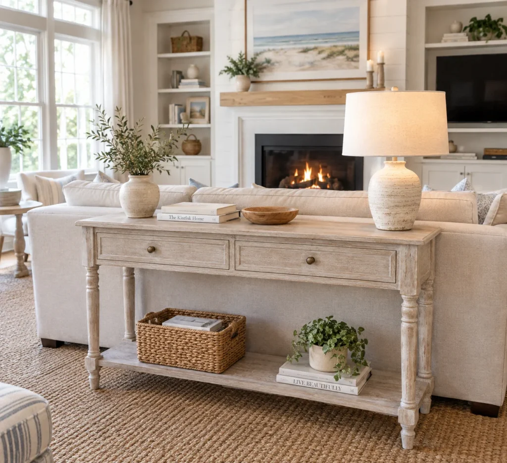 Console table placed behind a living room sofa