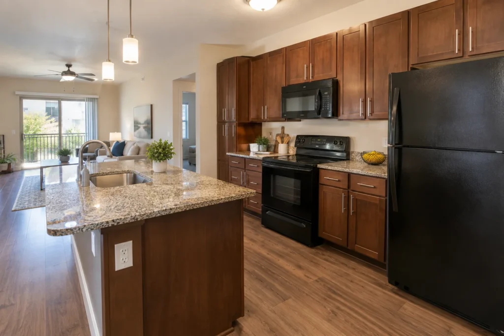 Modern kitchen with granite countertops in a Casa Del Sol apartment unit