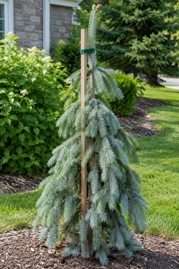  Young weeping white spruce tree staked upright with a soft tie on the central leader