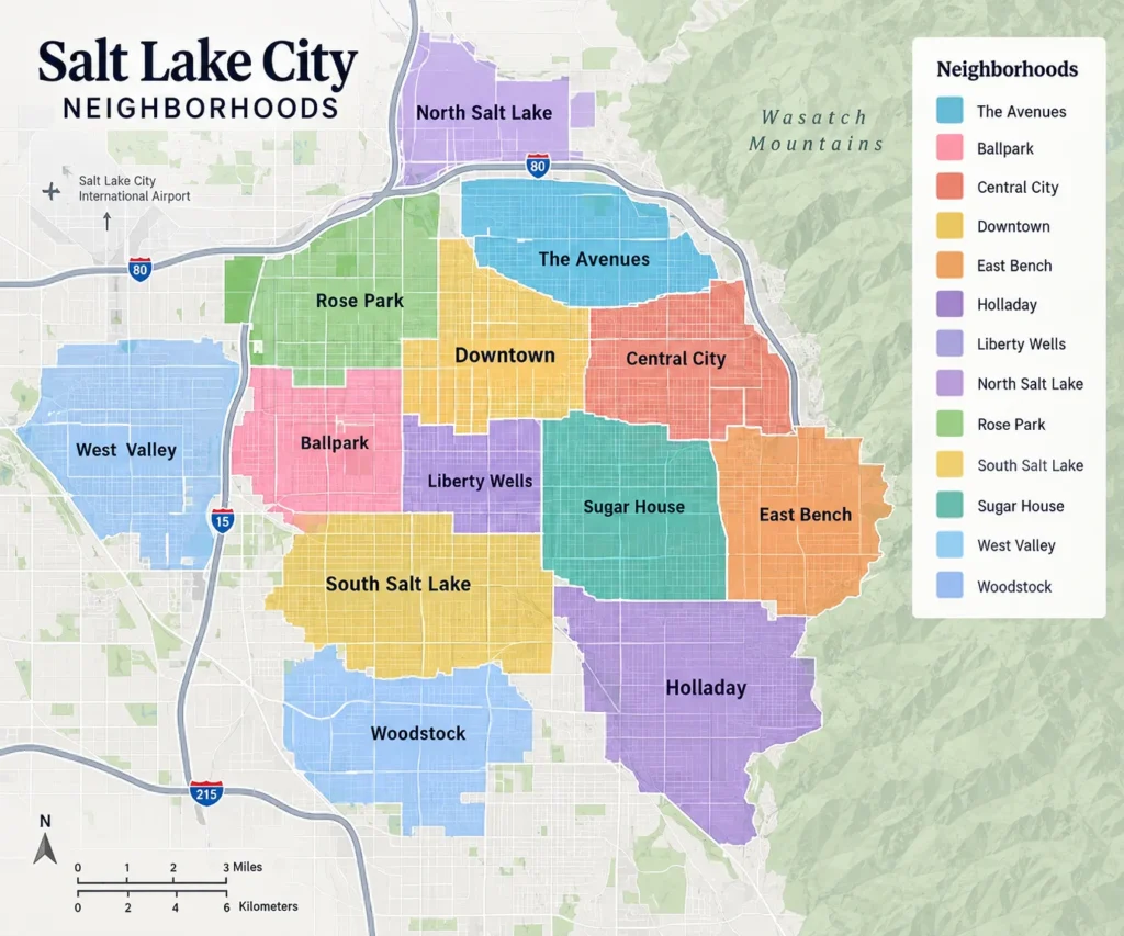 Map of Salt Lake City neighborhoods referenced in apartment rent comparison