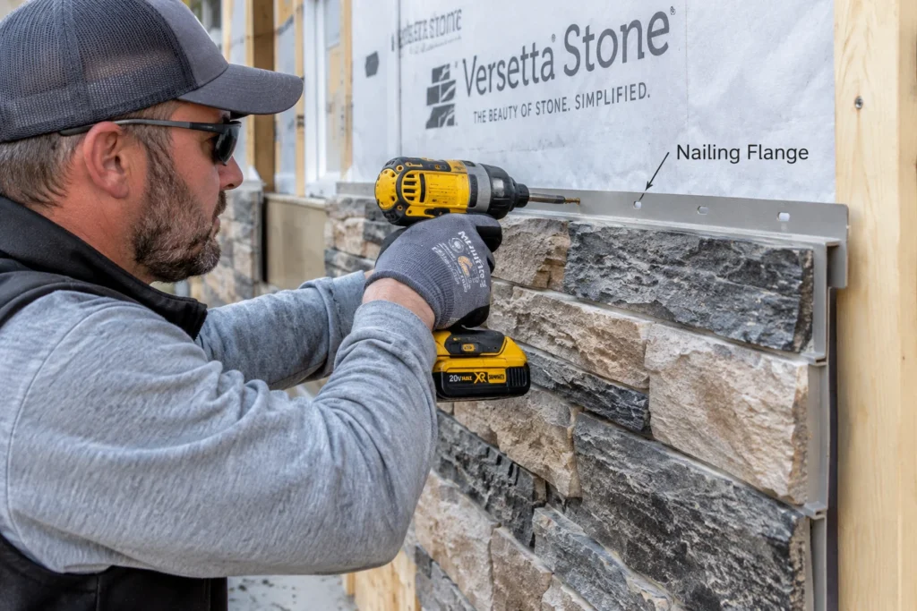 Contractor installing Versetta Stone panel with visible nailing flange