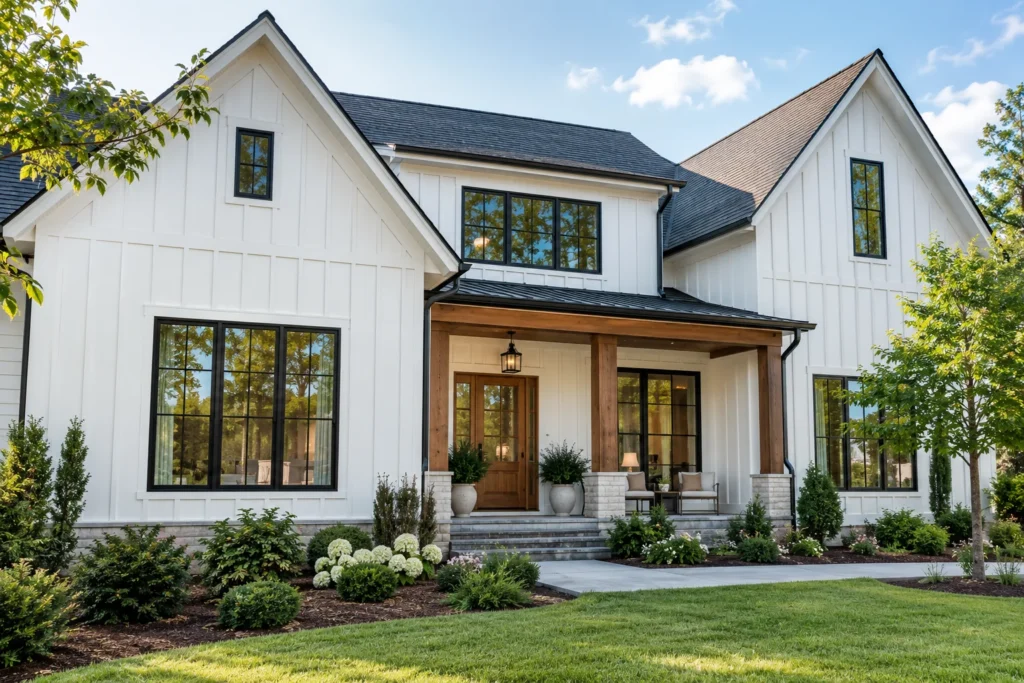 Board and batten wood siding on a farmhouse-style house