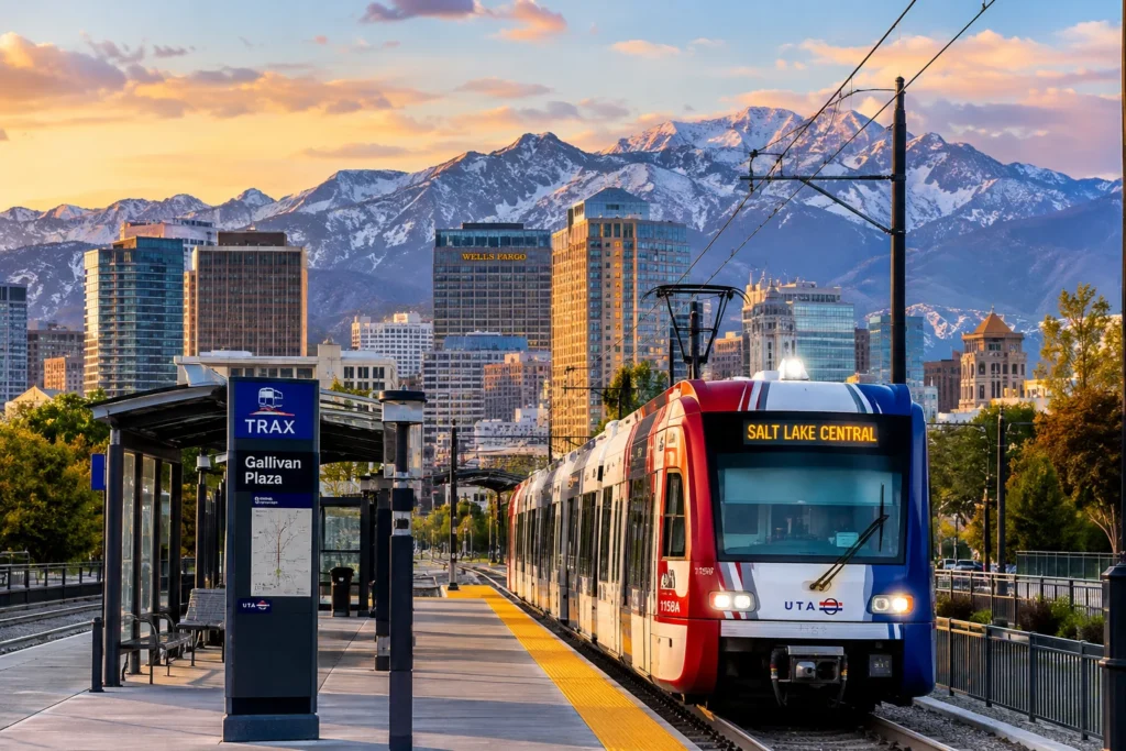 TRAX light rail station in downtown Salt Lake City with Wasatch mountains in the background