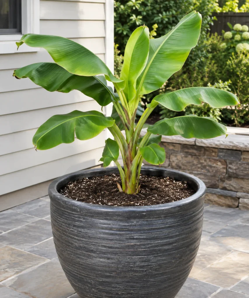 Young dwarf banana tree growing in a large patio container