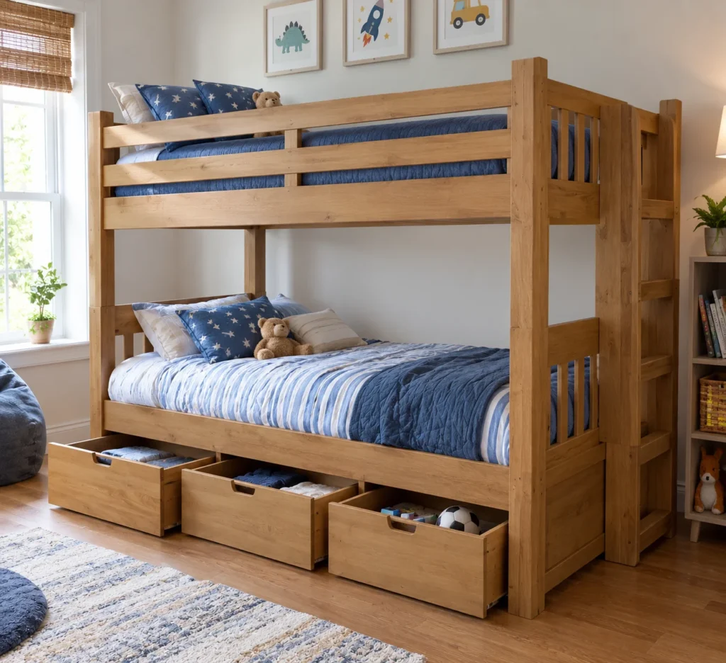 Solid wood bunk bed with under-bed storage drawers in kids bedroom