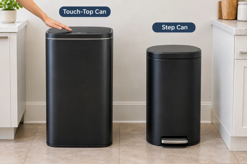 Touch-top trash can and step-pedal trash can shown side by side for comparison.