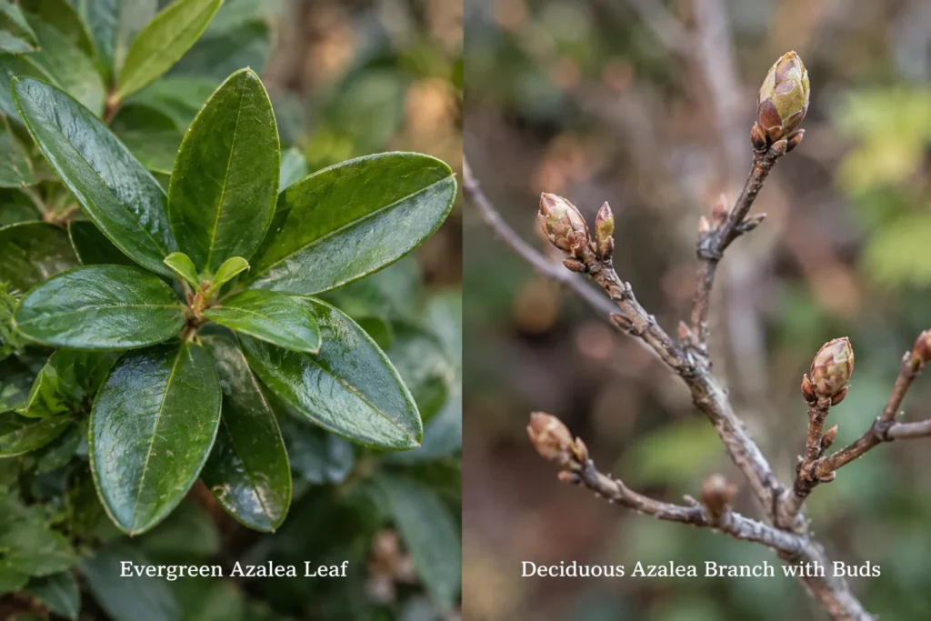 Side-by-side comparison of evergreen azalea foliage and bare deciduous azalea branch