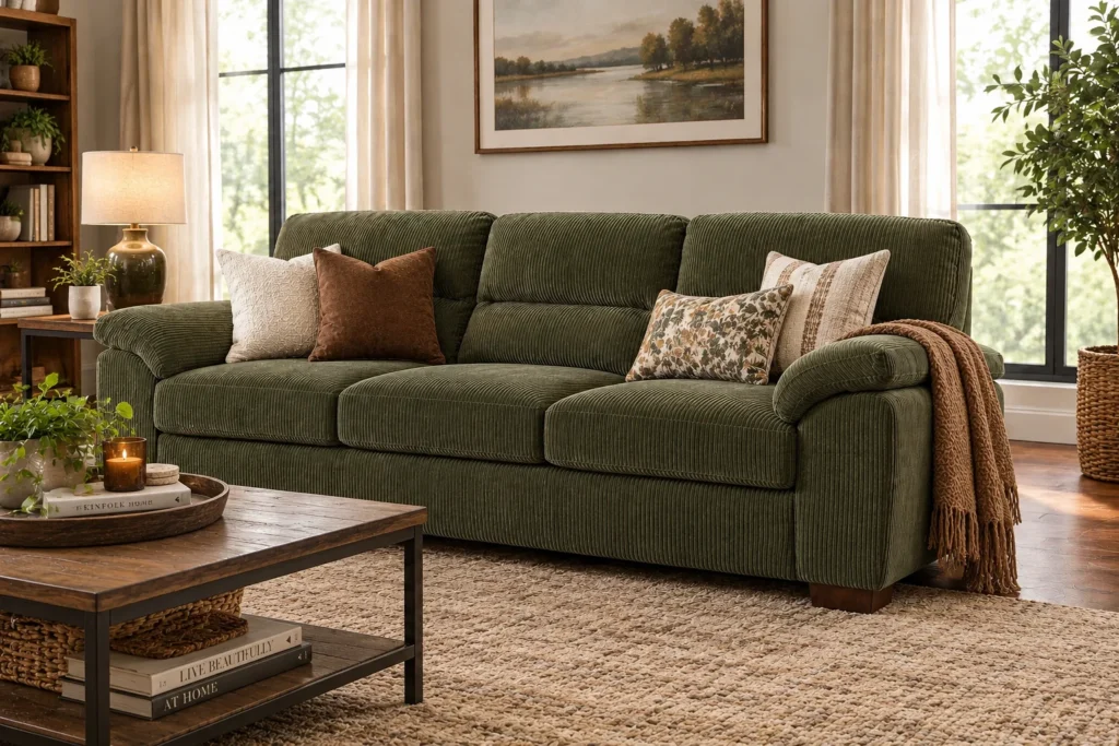 Wade Logan Aziyah sofa in green corduroy styled in a living room