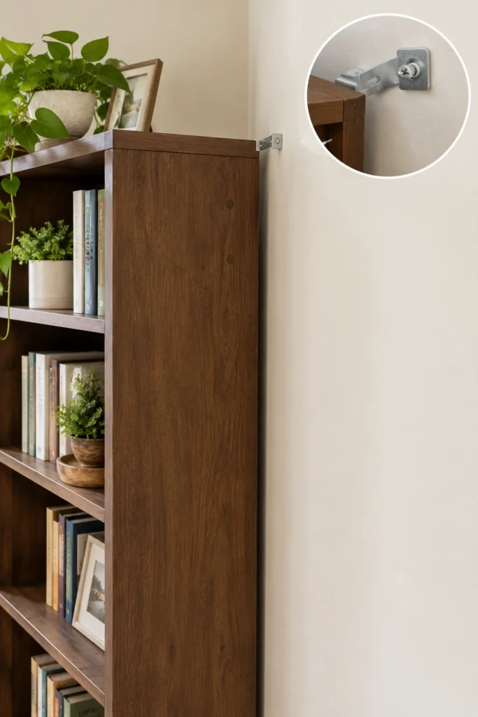 Bookcase secured to wall with anti-tip anchor strap