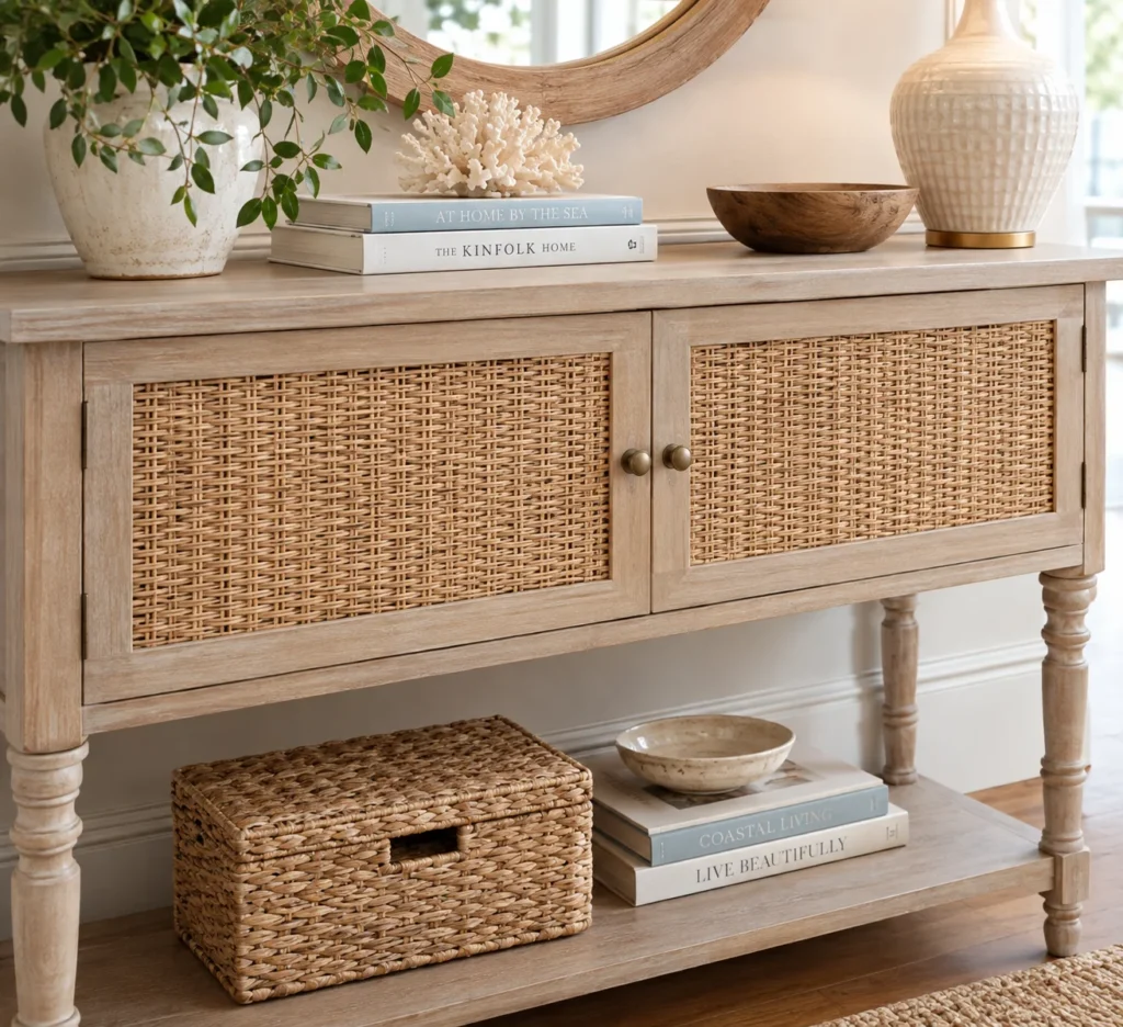 Console table with woven rattan cabinet doors for storage
