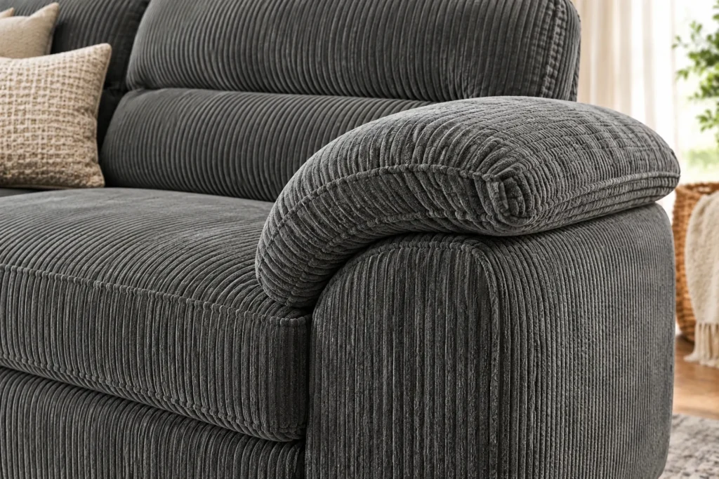 Close-up of corduroy fabric texture and rolled arm on the Aziyah sofa