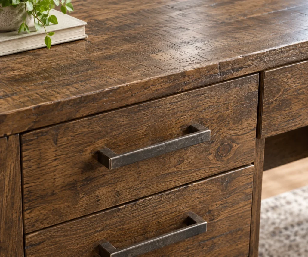 Antiqued zinc-tone hardware and distressed finish on the Baldridge desk