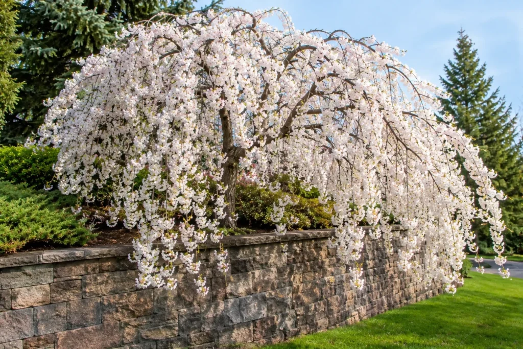 Snow Fountain weeping cherry planted atop a retaining wall with cascading branches