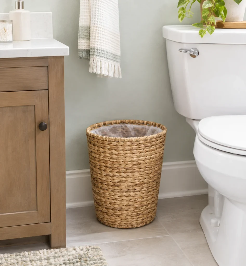 Woven natural-fiber trash can next to a bathroom sink and folded towels