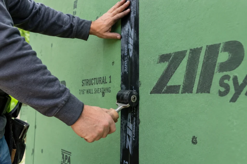 Close-up of ZIP System tape being rolled over a sheathing panel seam