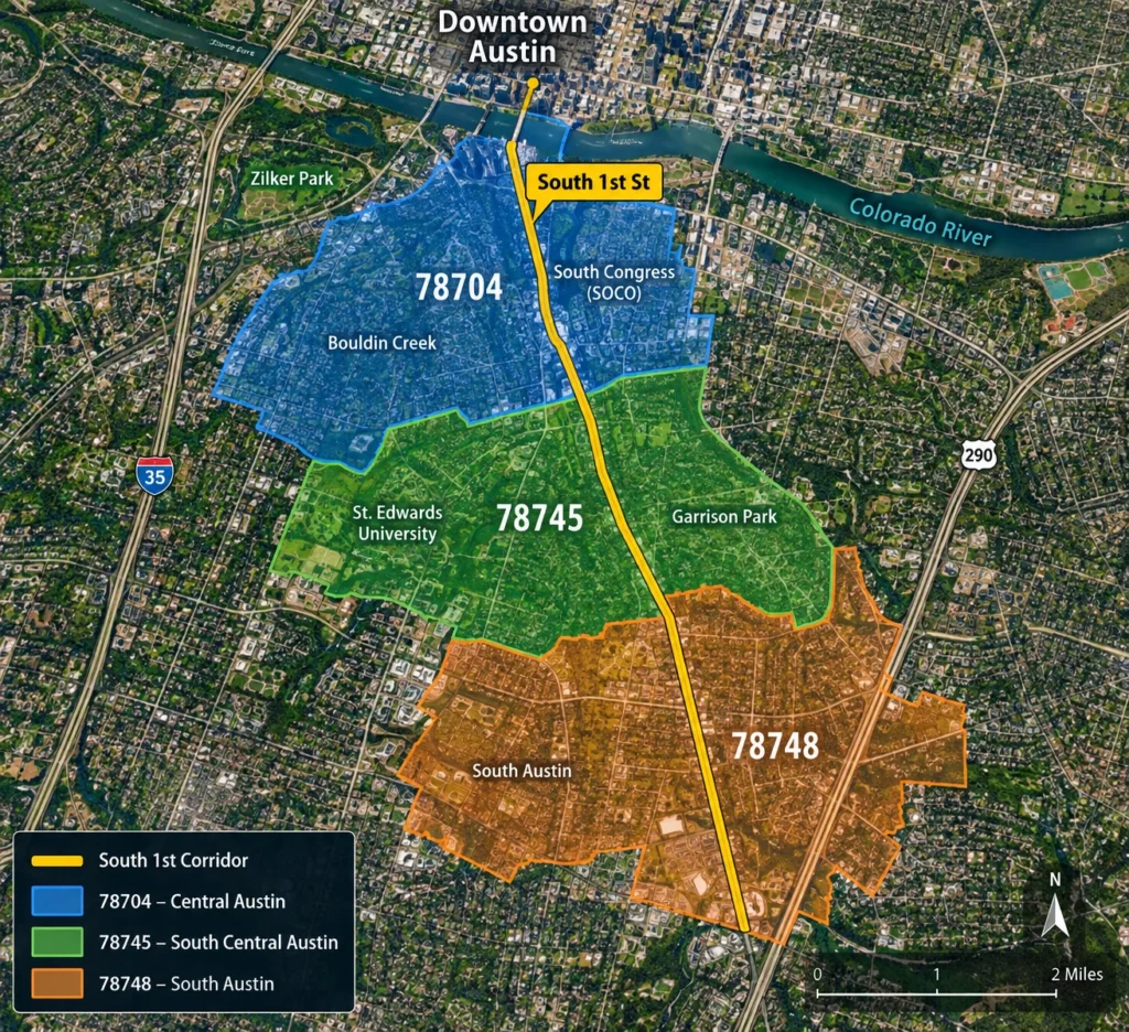 Map of the South 1st Street corridor across Austin zip codes