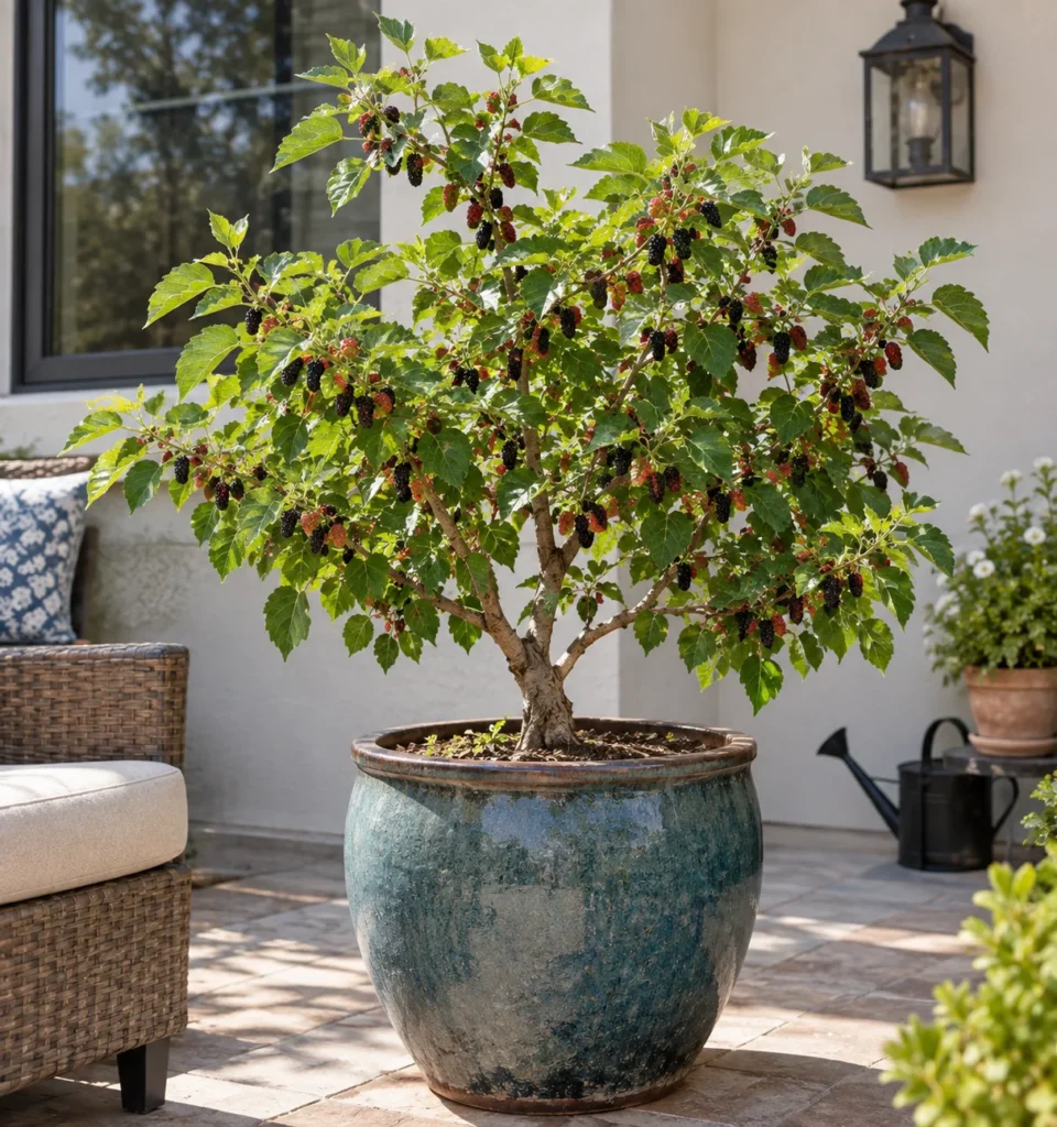 Dwarf mulberry tree growing in a large container on a home patio