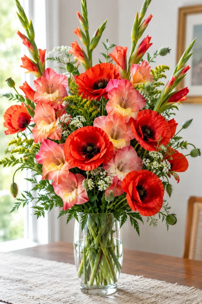 Bouquet combining gladiolus and poppy flowers for an August birthday