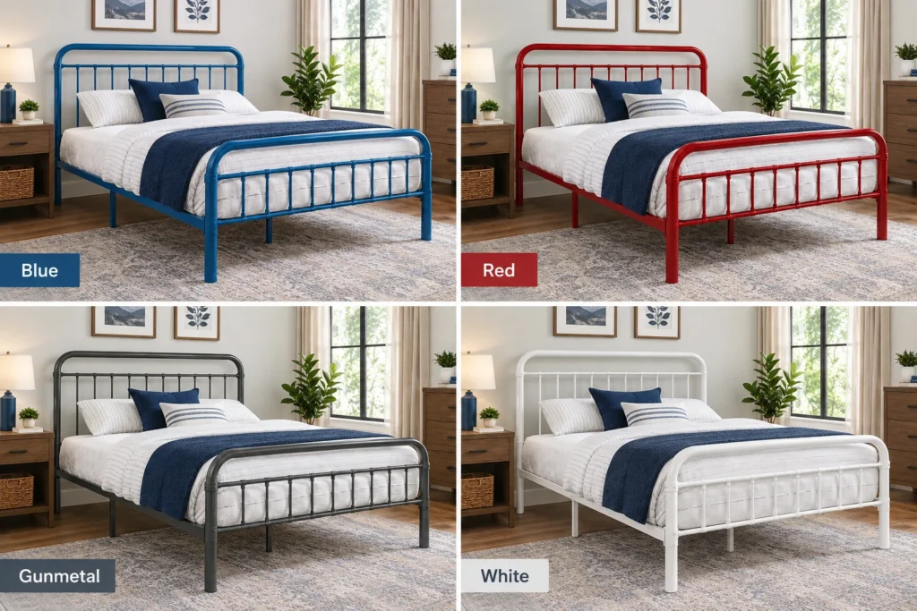 ACME Cargo bed frame shown in blue, red, gunmetal, and white finish options