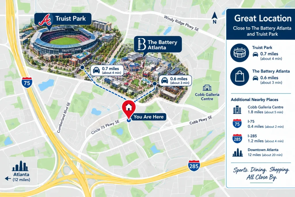 Map showing Rowe Vinings location near The Battery Atlanta and Truist Park