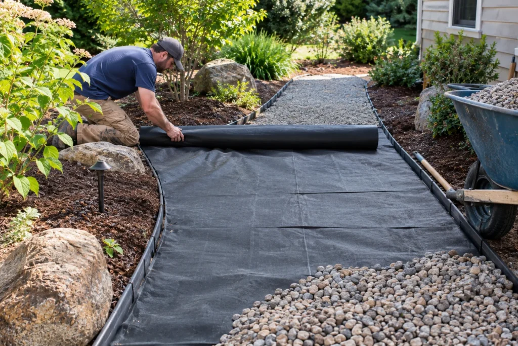 Weed barrier fabric laid down before landscaping rock installation