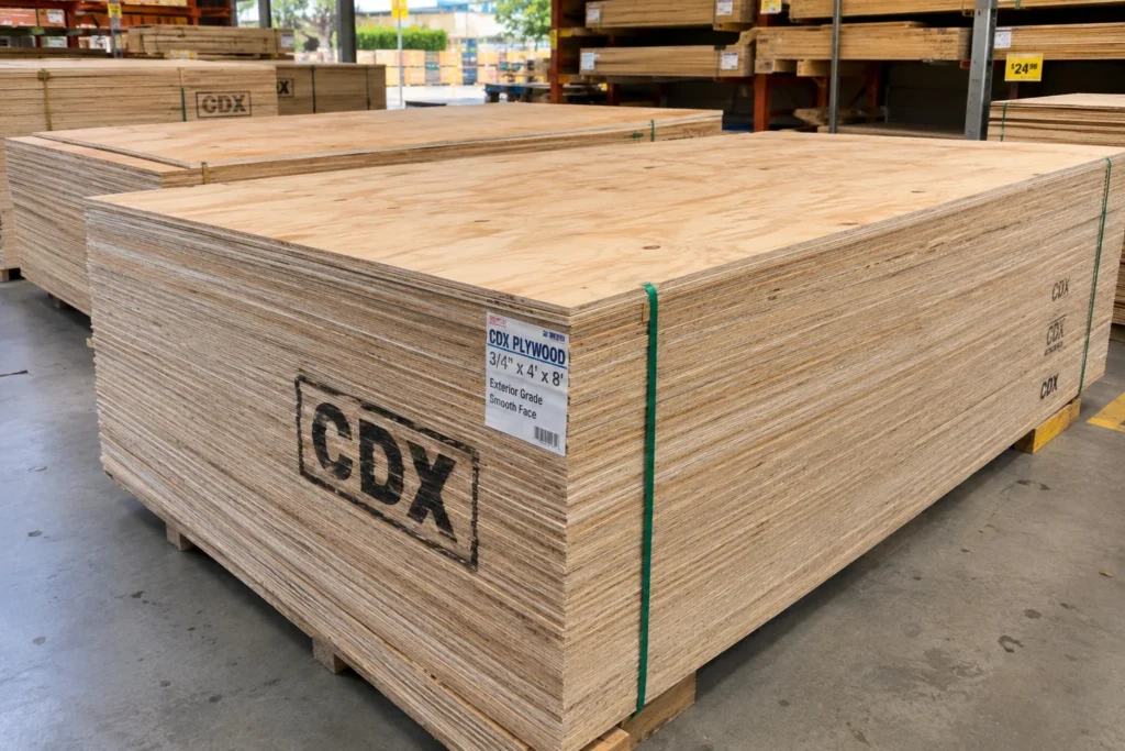  Stack of standard 4x8 CDX plywood sheets at a lumberyard