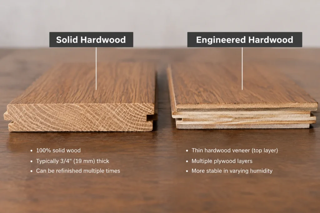 Cross-section comparison of solid hardwood and engineered hardwood flooring planks