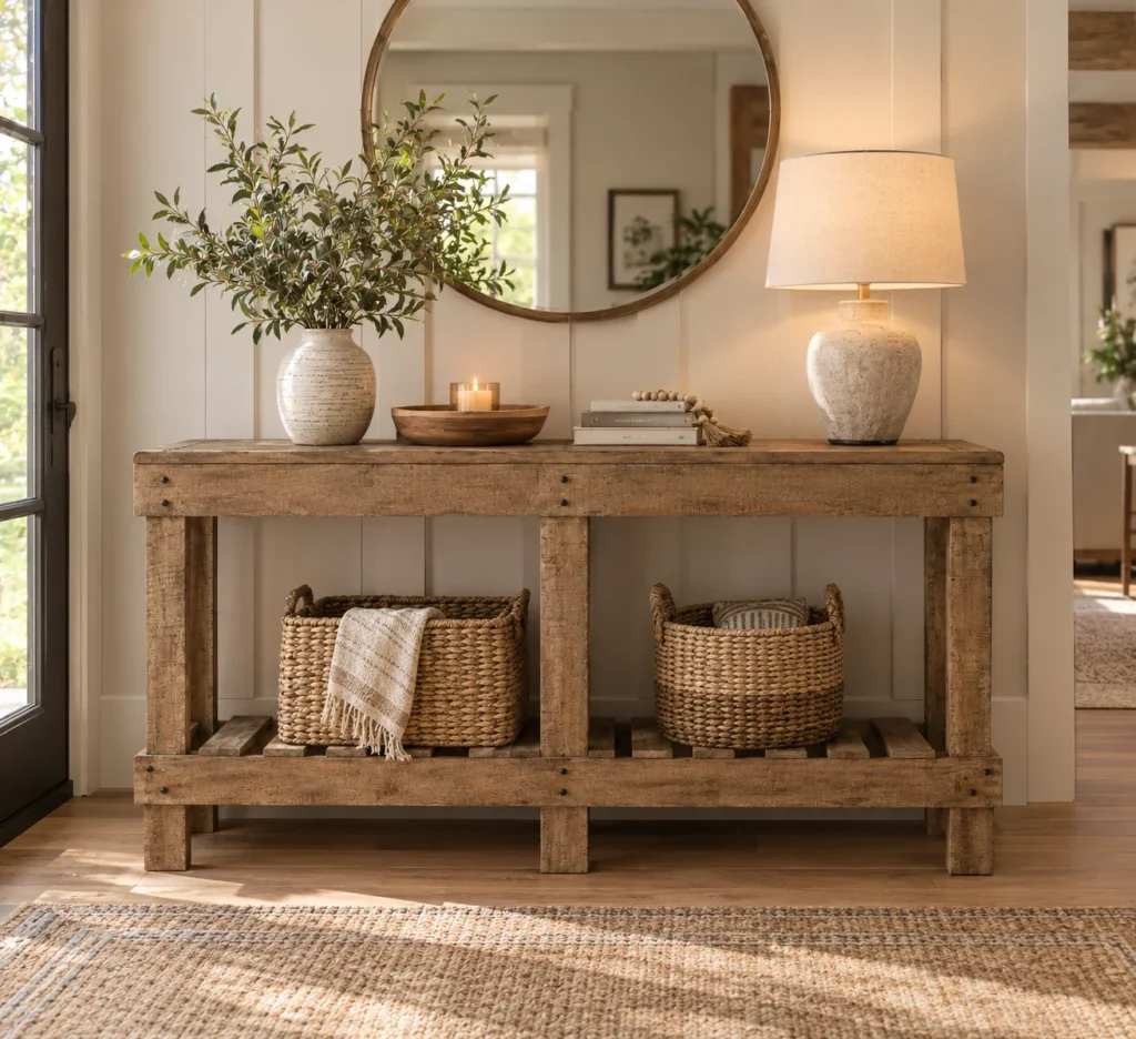 Ashley Susandeer console table styled as an entryway table with baskets and decor