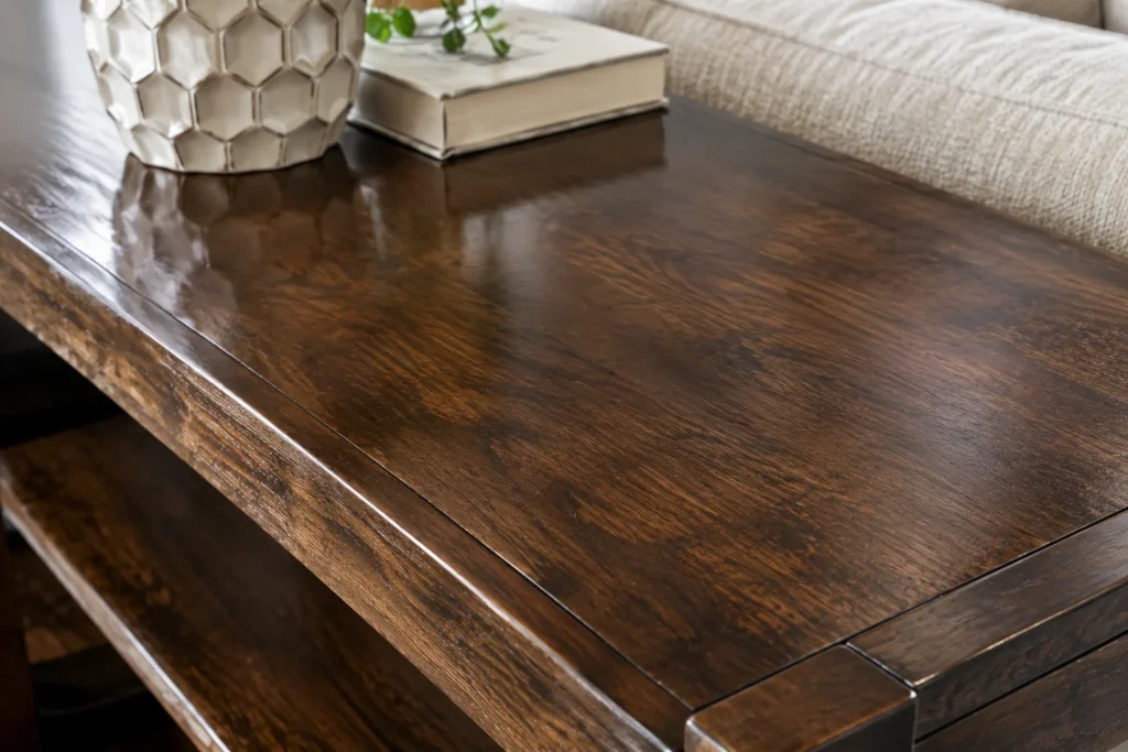Adjustable shelf pins on the Ashley Breckington sofa table storage shelf.
