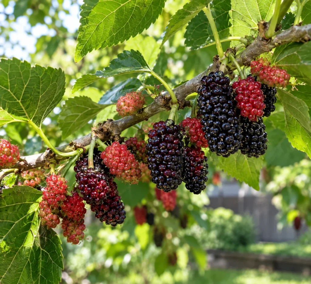 Mulberries at different stages of ripeness on the branch, from red to dark purple-black