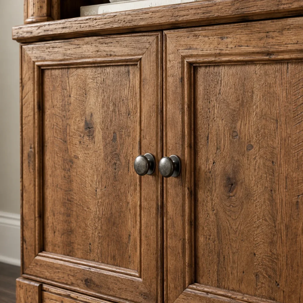 Close-up of nickel hardware on the Manahan storage bookcase doors