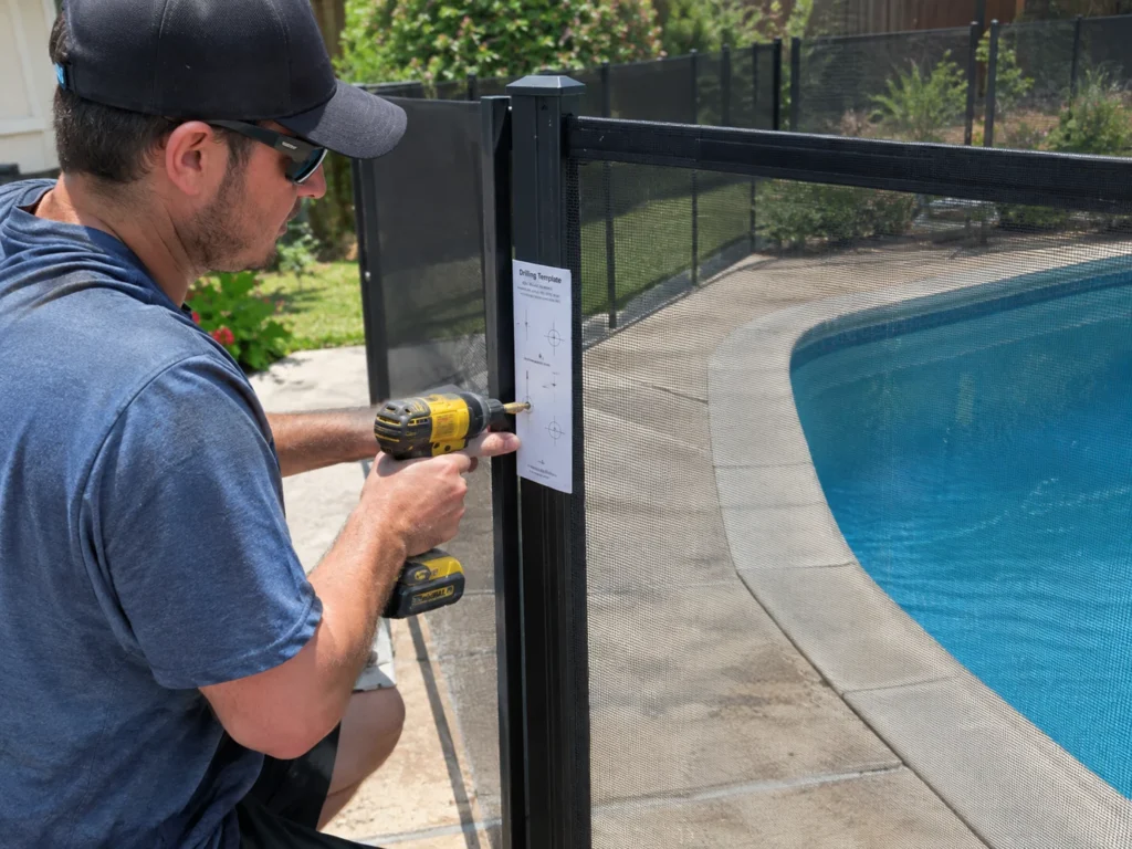 DIY mesh pool fence installation using a drilling template