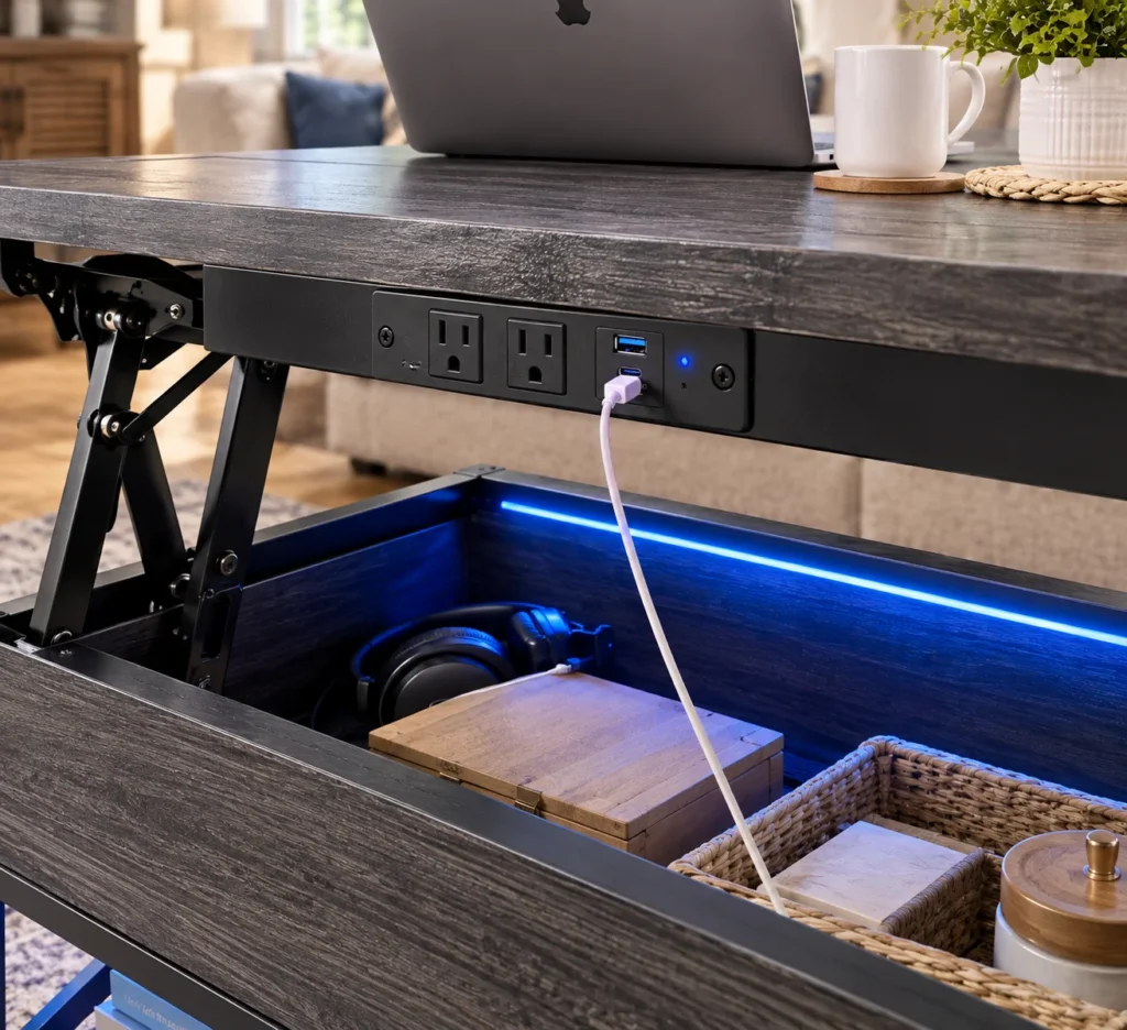 Built-in power outlets, USB ports, and LED strip on the Kristien coffee table