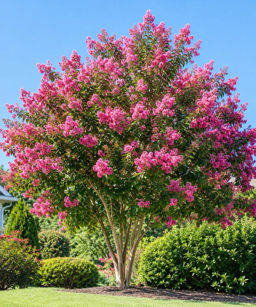 Crape myrtle tree in full bloom during peak summer heat