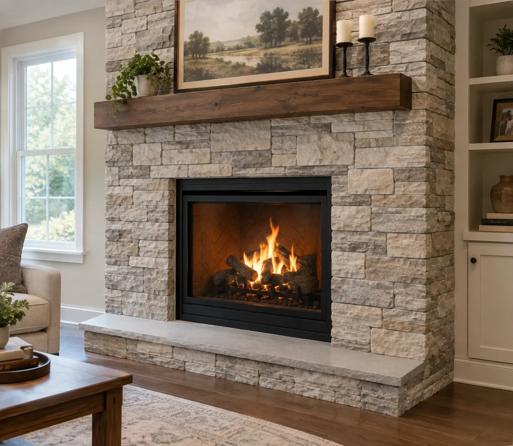 Interior fireplace surround finished with Versetta Stone Carved Block panels