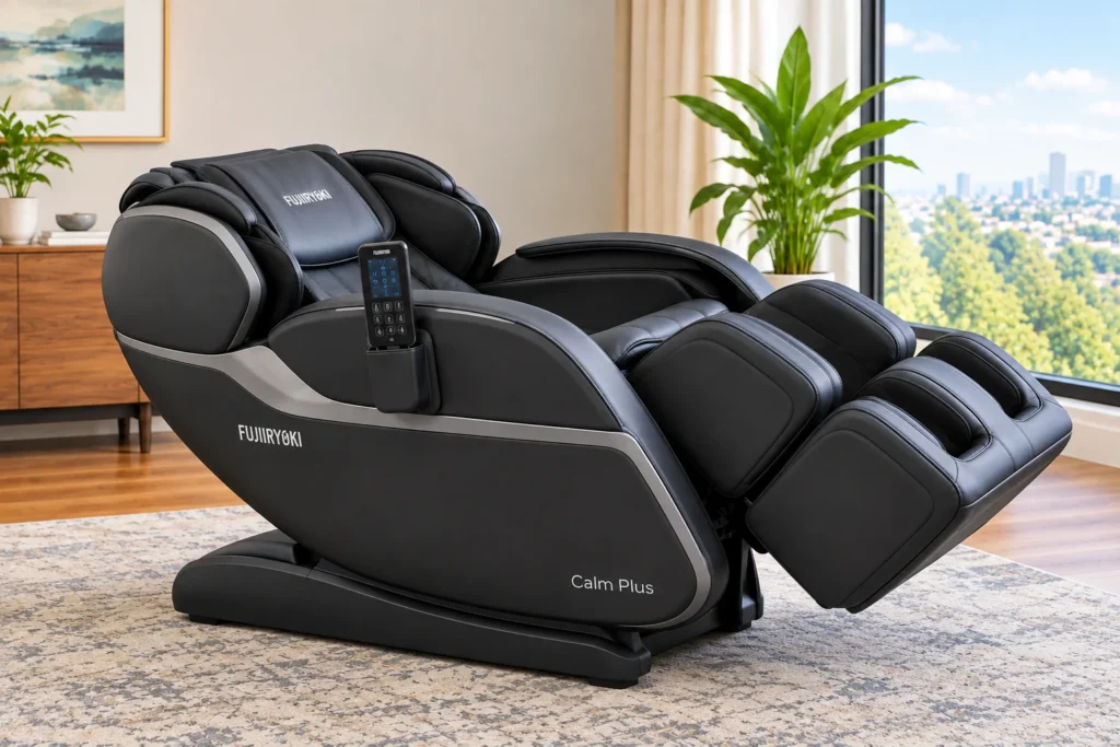 Fujiiryoki Calm Plus massage chair reclined to a flat zero-gravity position