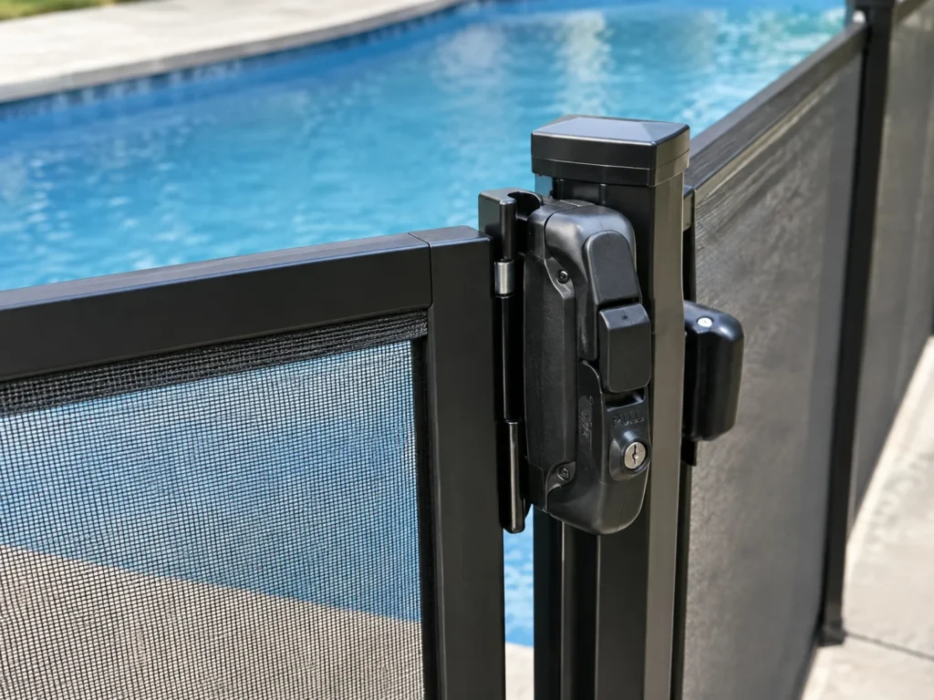 Self-closing, self-latching gate mechanism on a mesh pool fence