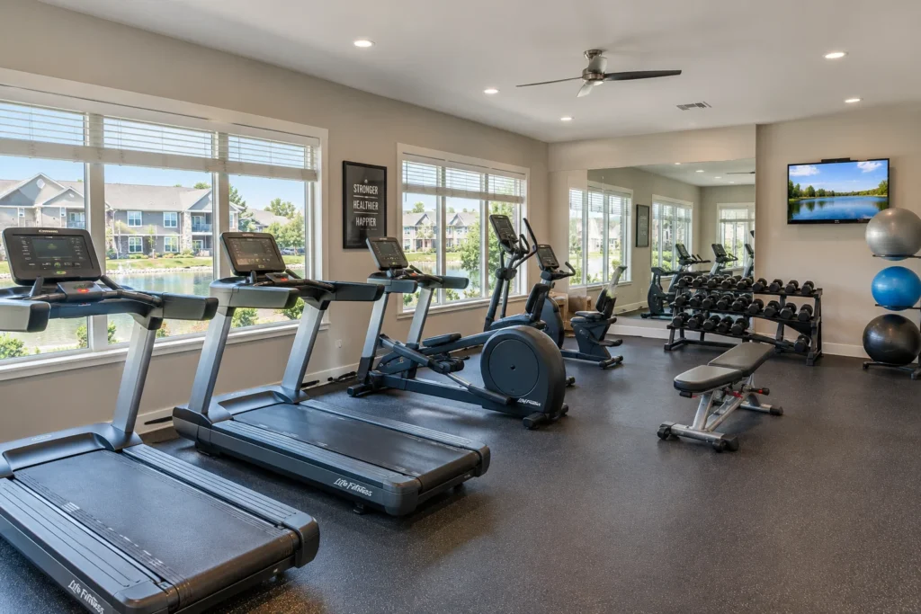 Fitness room with treadmills and weight equipment at The Ponds on G E Road apartments