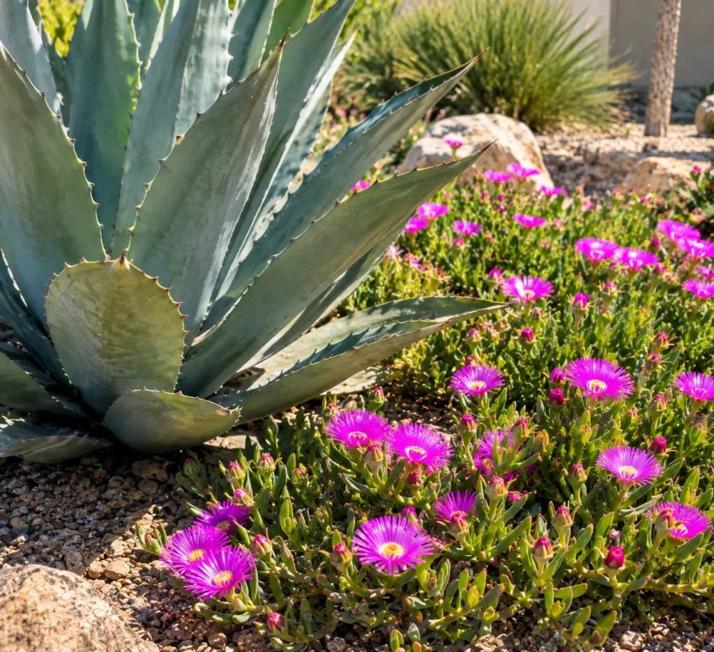  Agave and flowering ice plant groundcover in a drought-tolerant sunny garden bed