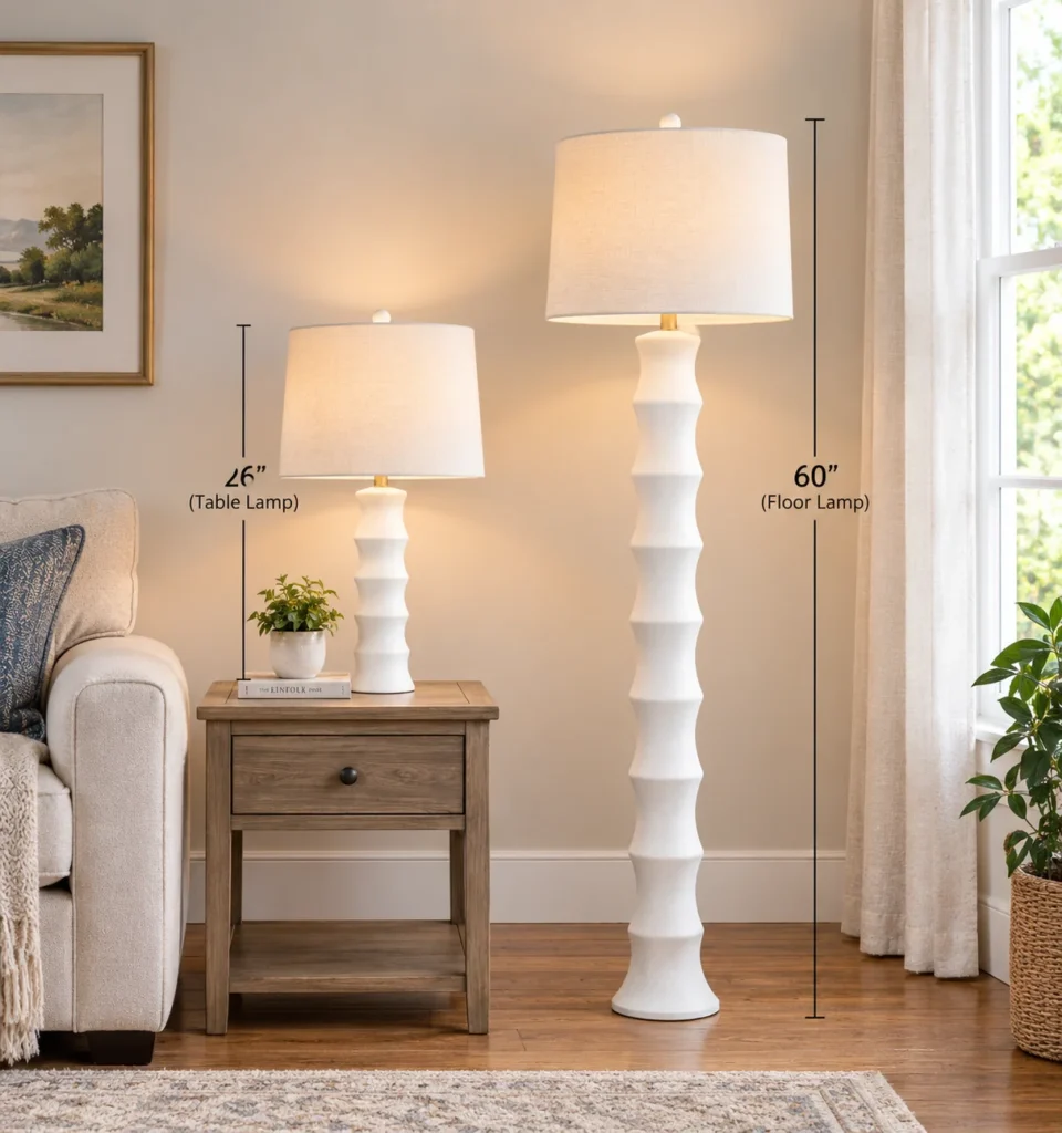 Veraleigh table lamp and matching floor lamp shown side by side for size comparison