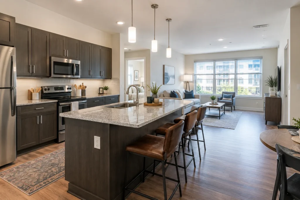 Modern kitchen with granite countertops in a Station Landing apartment unit
